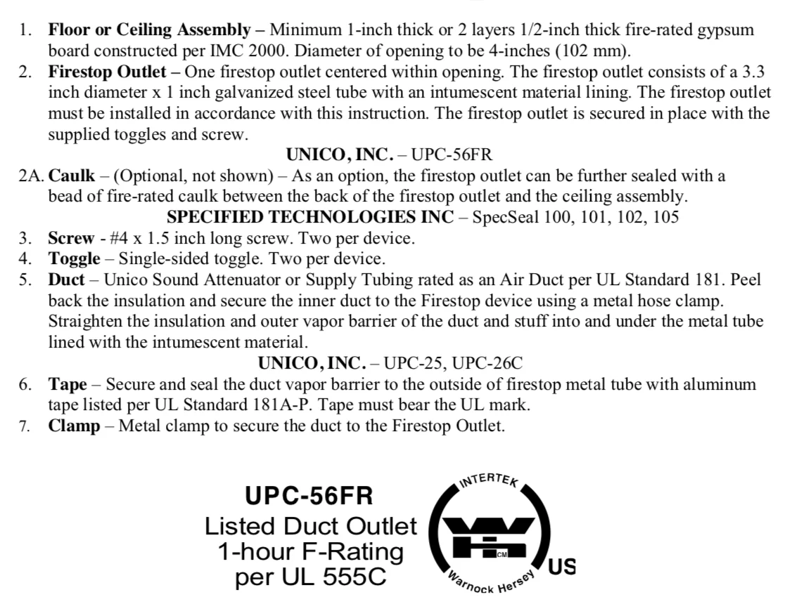 UPC-56FR-1 - 2" Unico System Fire Rated (1 hour, UL555C) Supply Air Outlet, Round, White Plastic - Image 4
